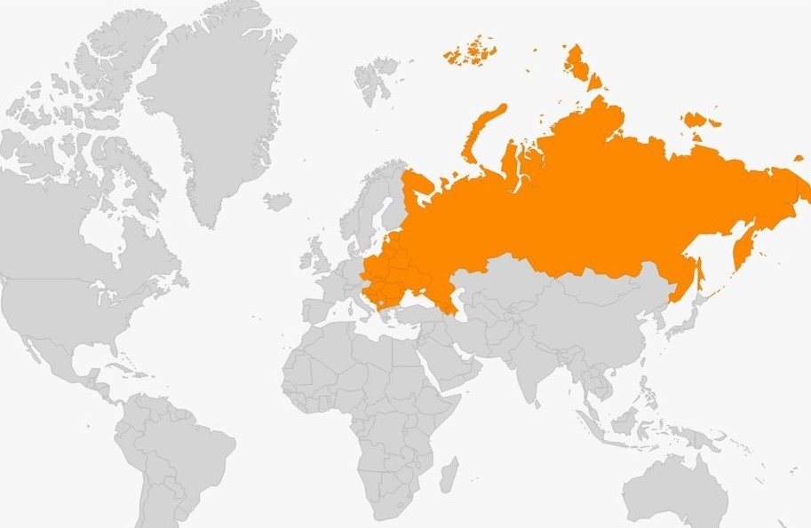 Das Bild zeigt eine Weltkarte, auf der die osteurop&auml;ischen L&auml;nder und Russland orange hintelegt sind.
