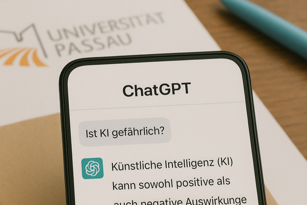 Auf einem Smartphone ist zu sehen wie mit der Künstlichen Intelligenz von ChatGPT ein Geespräch über die Gefährlichkeit von KI gesprochen wird. Im Hintergrund ist ein Schreibblock und das Logo der Universität Passau sehen