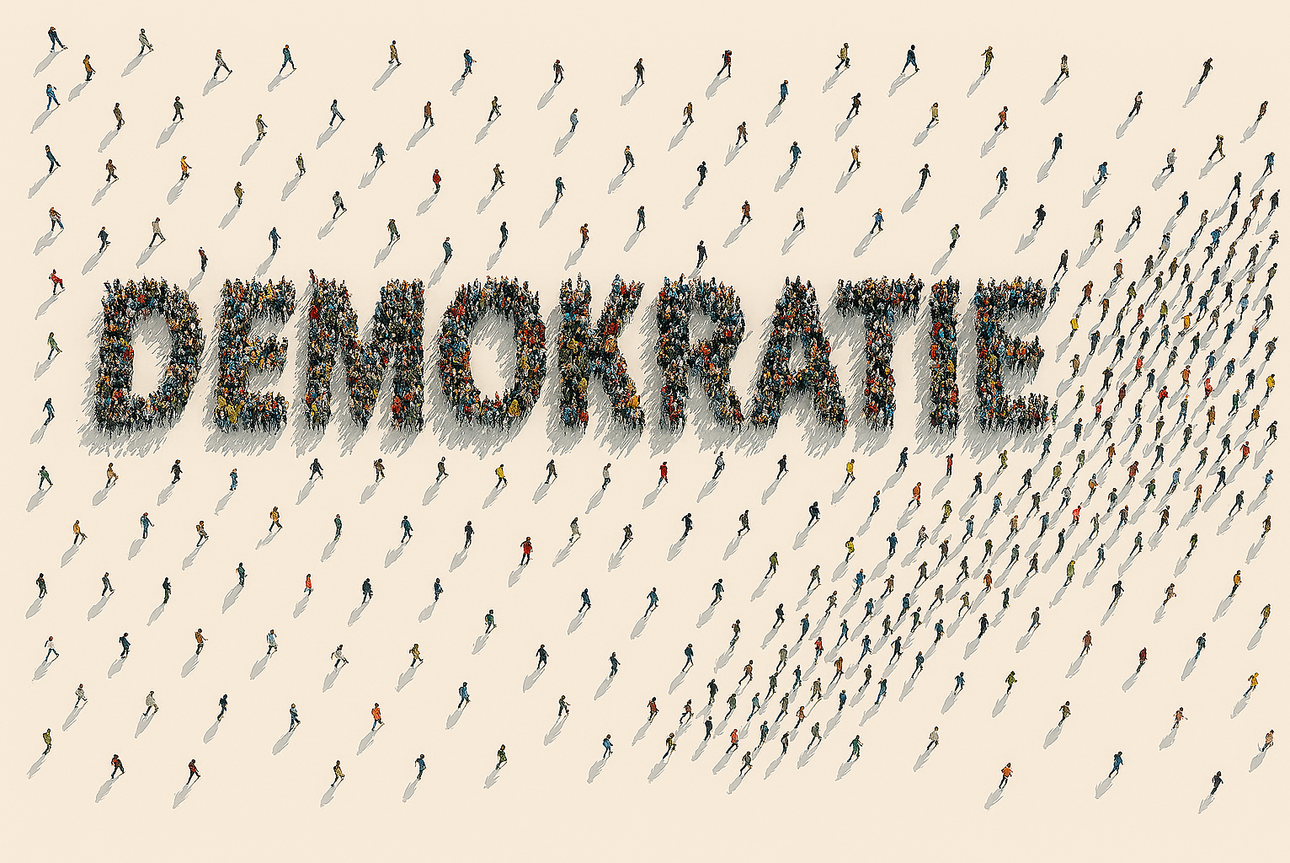 KI-generierte Darstellung einer Menschenmenge, die gemeinsam das Wort &bdquo;Demokratie&ldquo; bildet