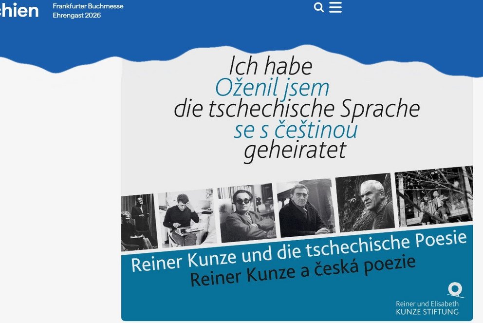 Darstellung des Flyers zur Ausstellung "Ich habe die tschechische Sprache geheiratet." Reiner Kunze und die tschechische Poesie anlässlich der Frankfurter Buchmesse 2026