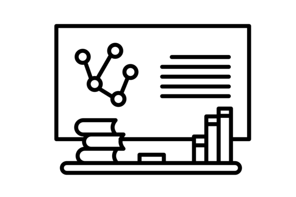 Symbolgrafik eines Whiteboards mit Diagramm und Textzeilen sowie Büchern im Vordergrund – Darstellung eines Lehrkontexts.