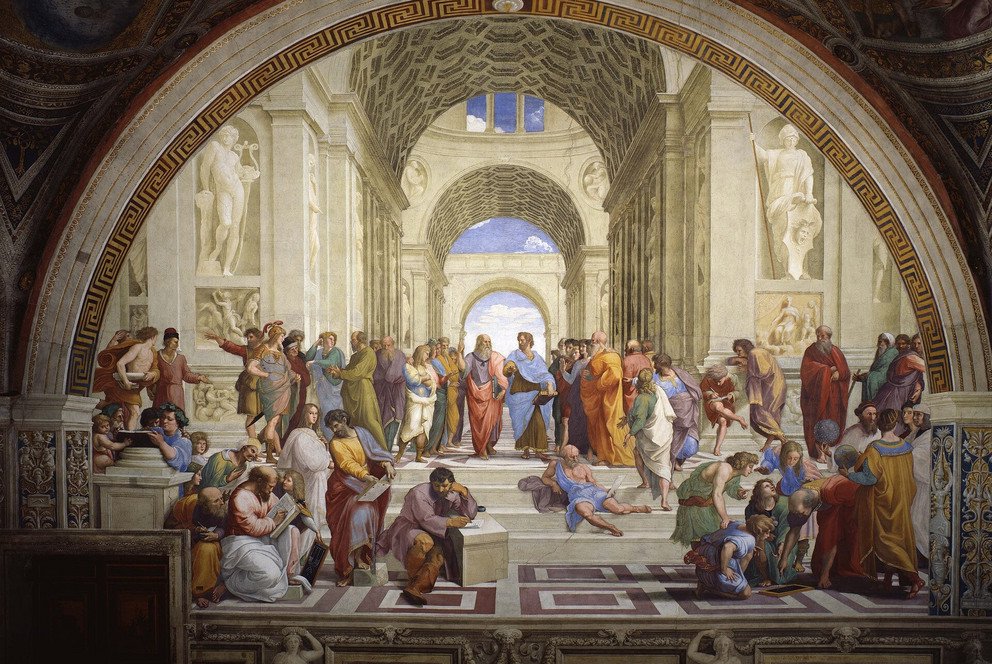 Das Bild zeigt Raffaels berühmtes Fresko „Die Schule von Athen“. Es wurde zwischen 1509 und 1511 im Apostolischen Palast im Vatikan gemalt.